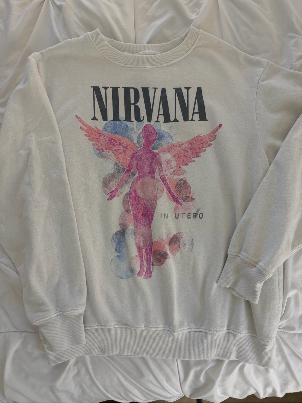 NIRVANA White Crewneck Sweatshirt with Pink & Blue Angel Graphic